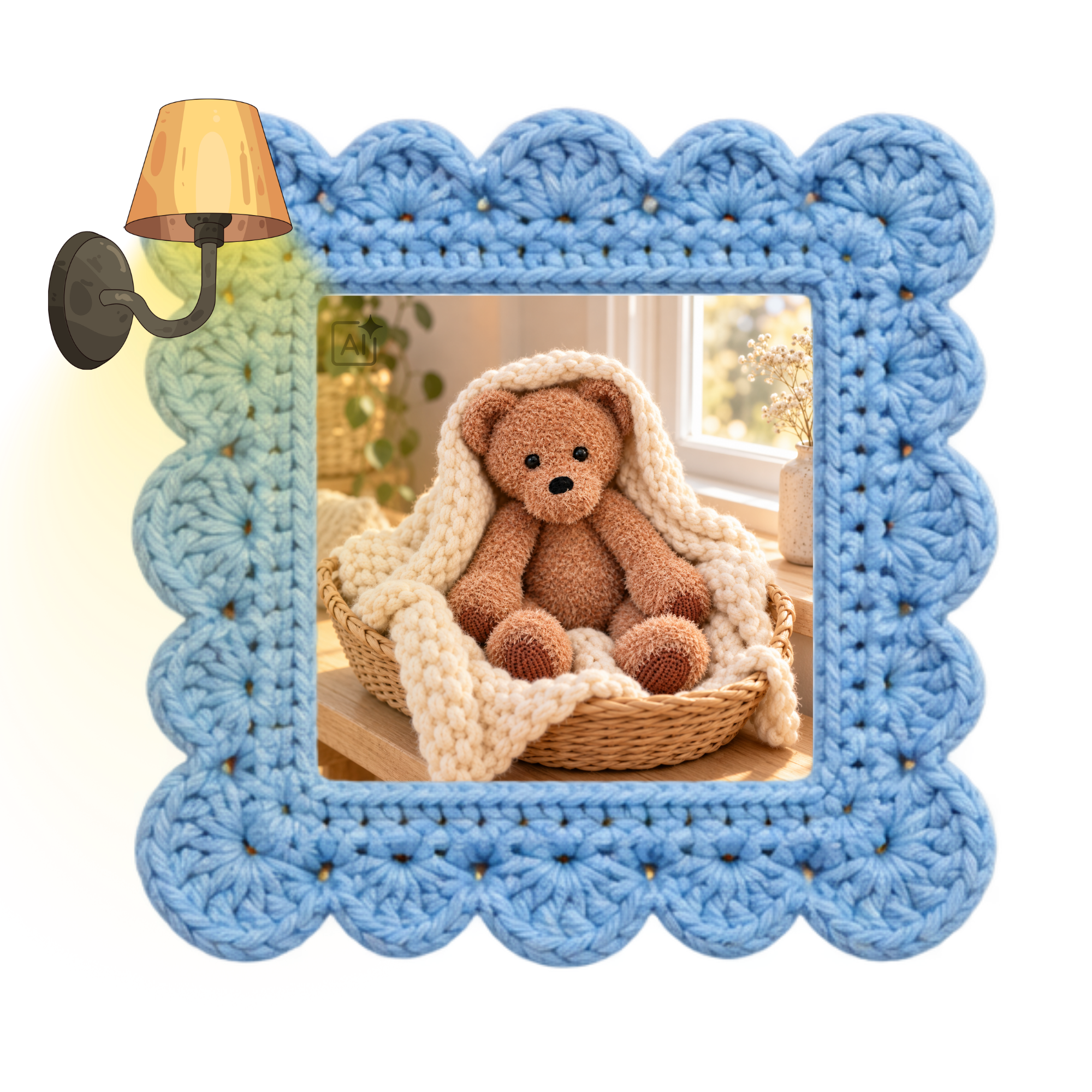 Bruin gehaakt beertje Teddy met ronde oren en lange armen en benen.