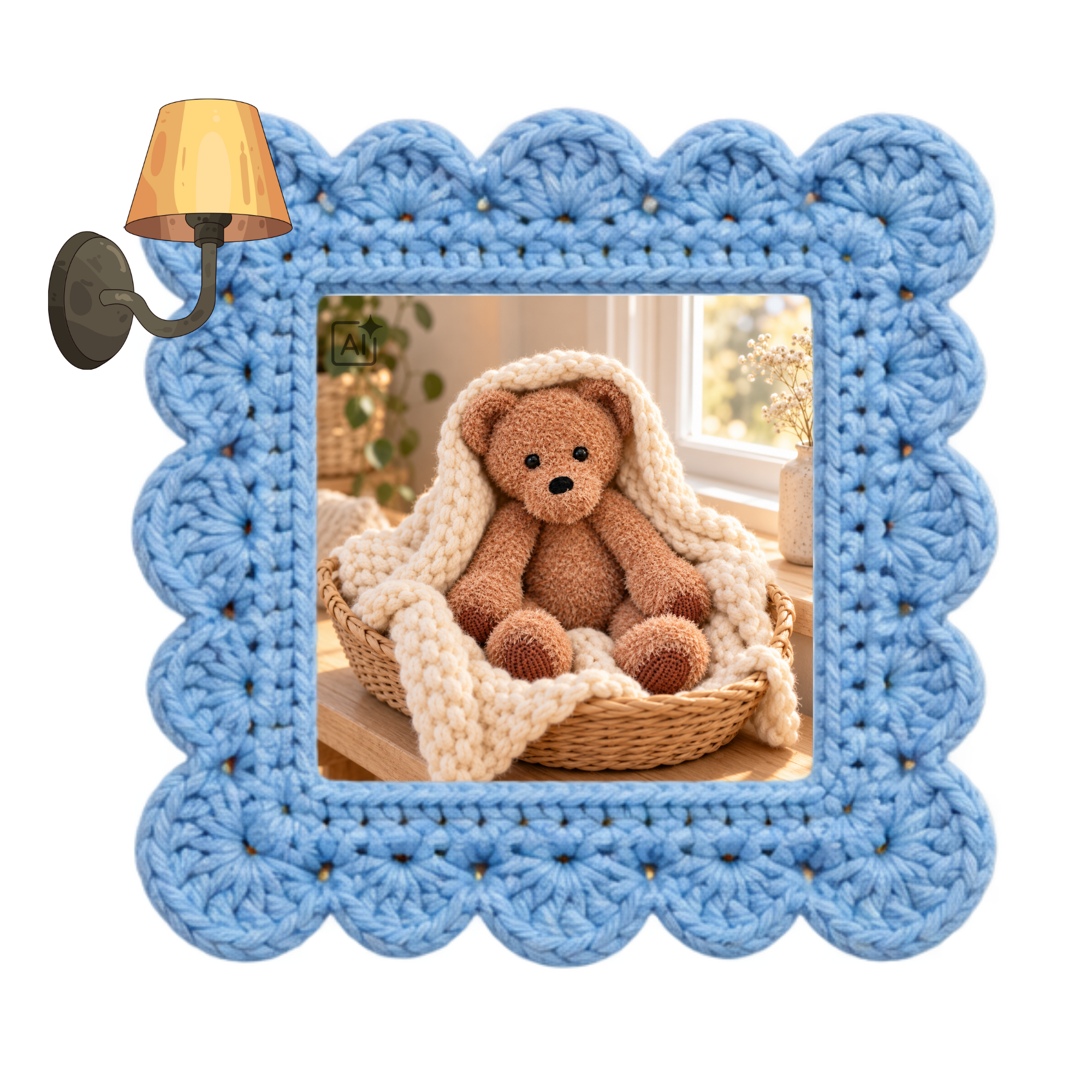 Bruin gehaakt beertje Teddy met ronde oren en lange armen en benen.