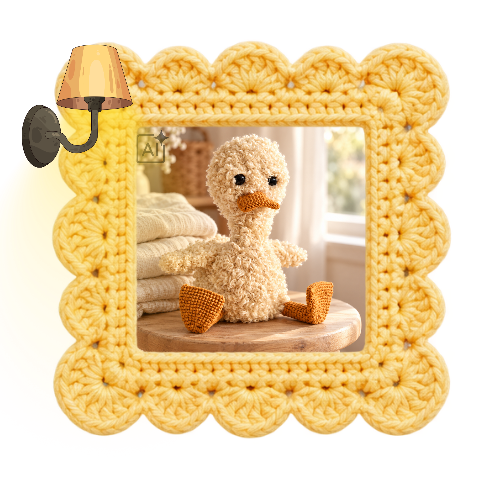 Gehaakt eendje Flappie met een pluizig crèmekleurig lijf, een oranje snavel en grote flapvoeten.