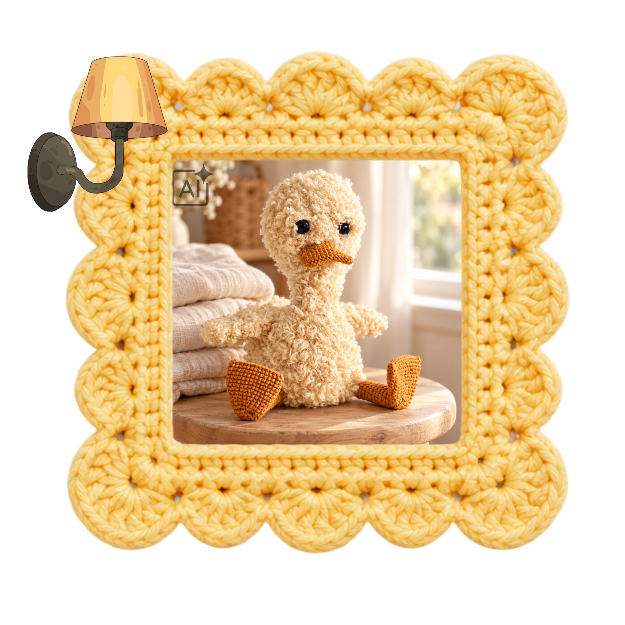 Gehaakt eendje Flappie met een pluizig crèmekleurig lijf, een oranje snavel en grote flapvoeten.