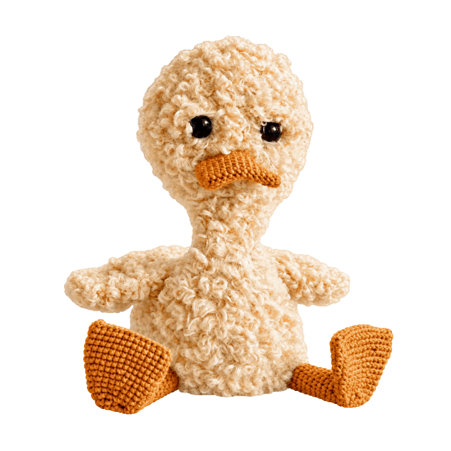Gehaakt eendje Flappie met een pluizig crèmekleurig lijf, een oranje snavel en grote flapvoeten.