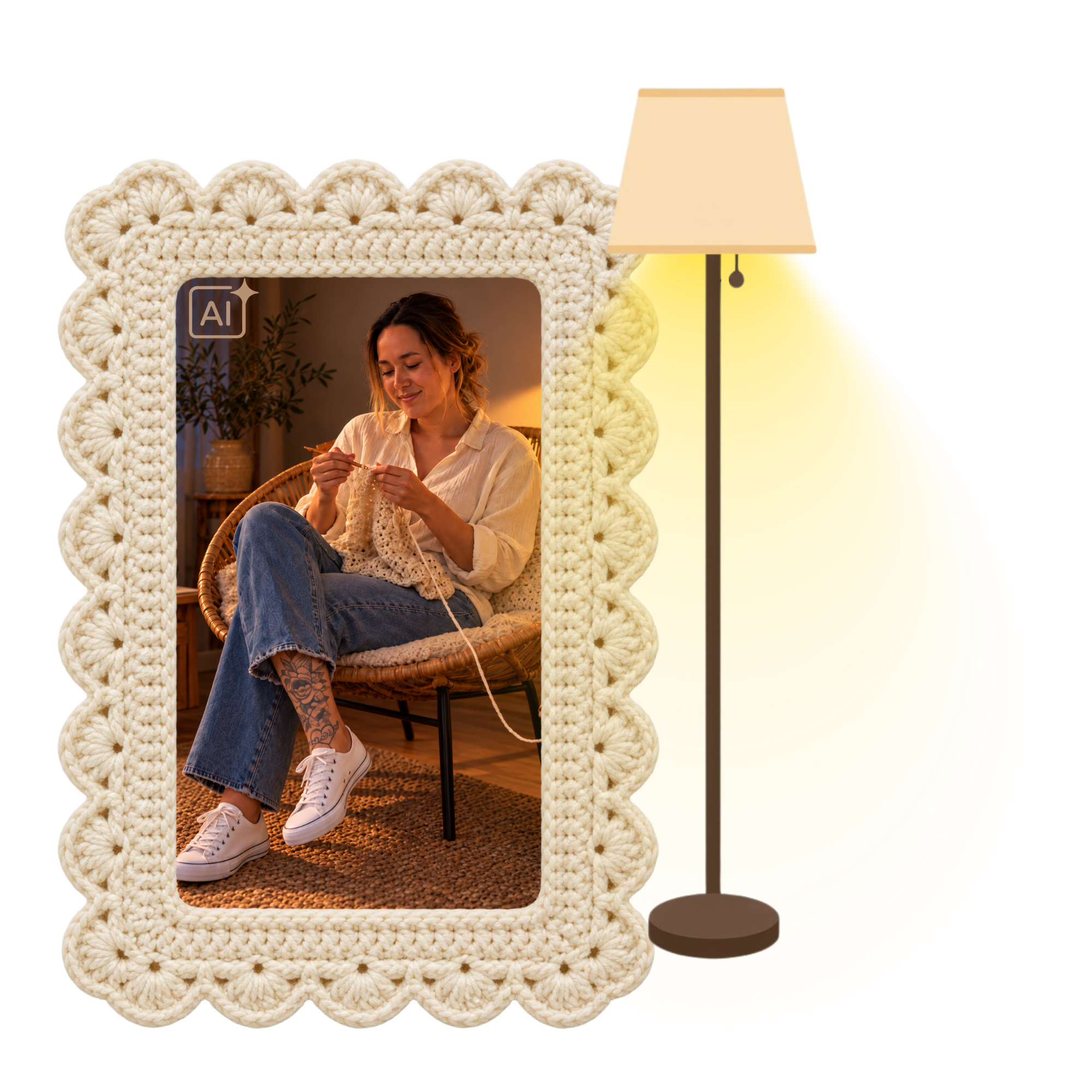 Judith zit in een stoel te haken.