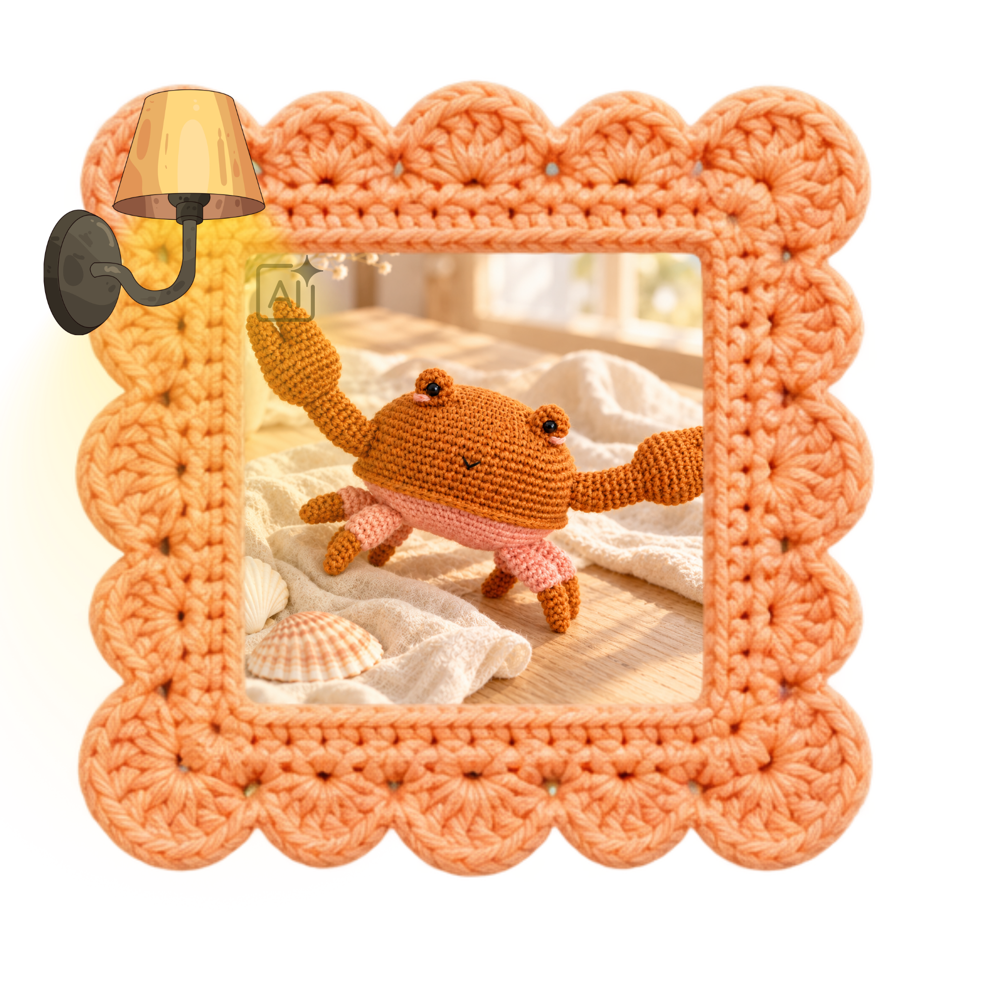Oranje gehaakt krabje Bert met grote scharen, uitstekende oogjes en een roze onderkant.