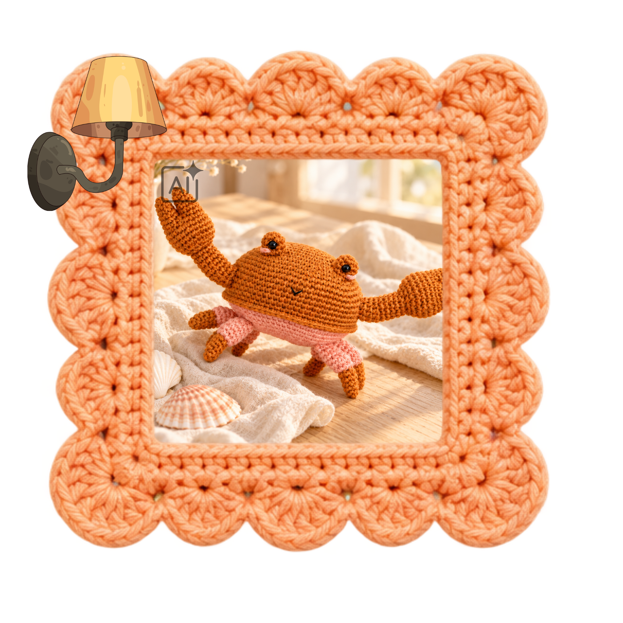 Oranje gehaakt krabje Bert met grote scharen, uitstekende oogjes en een roze onderkant.