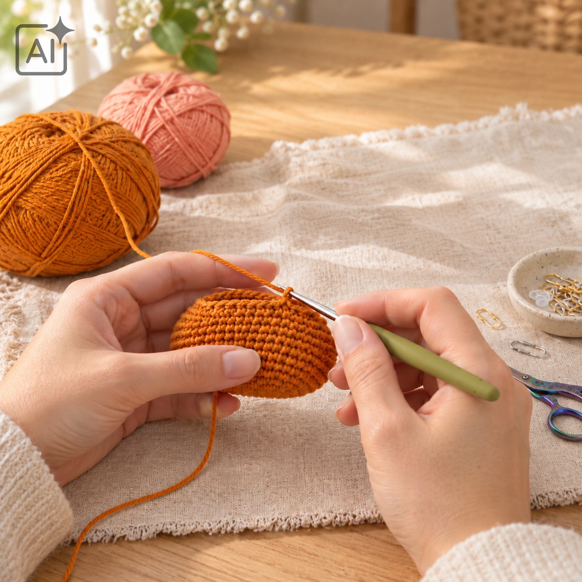 Handen haken met oranje garen een rond onderdeel van Bert.
