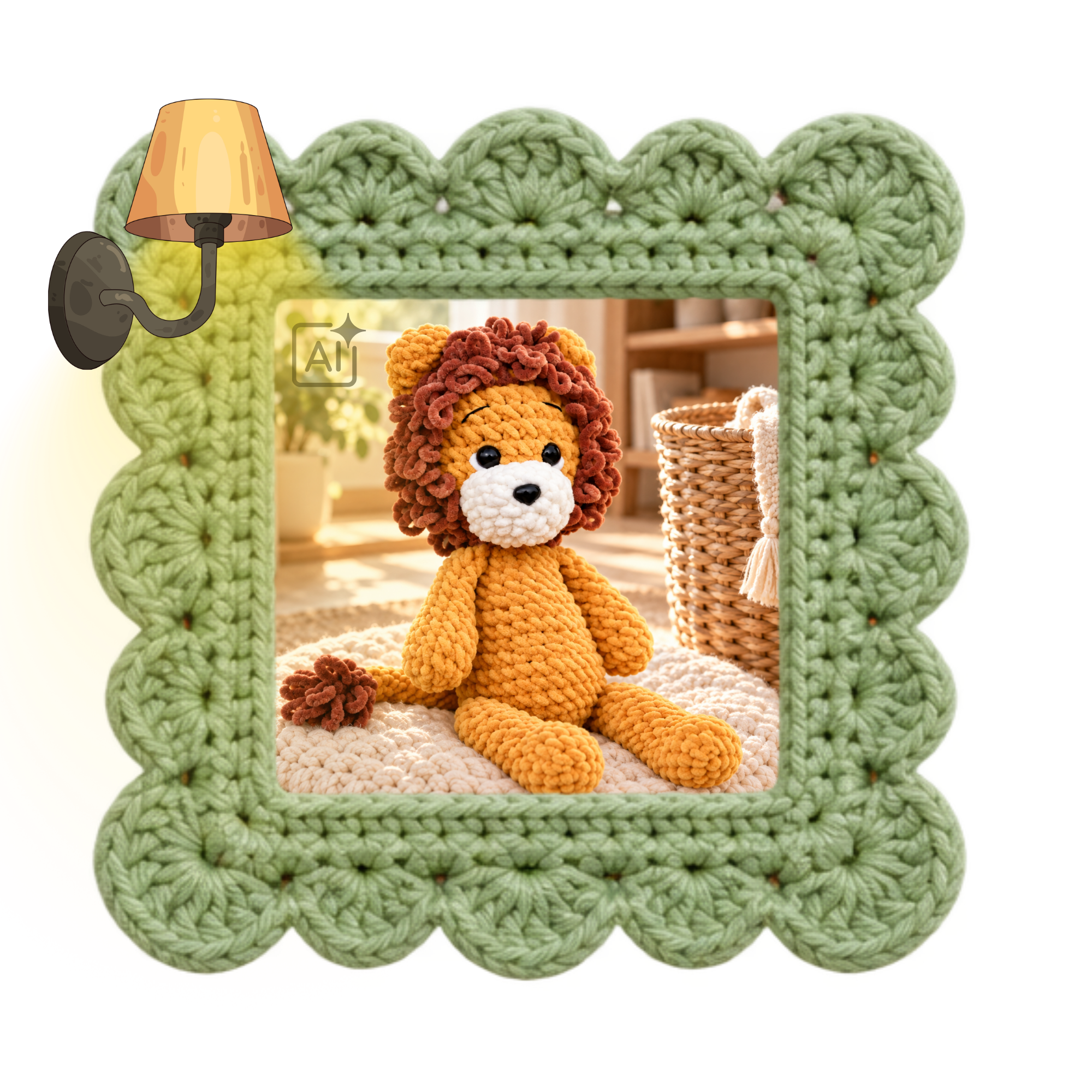 Gehaakt leeuwtje Simba met een geel lijf, bruine krulmanen en een witte snuit.